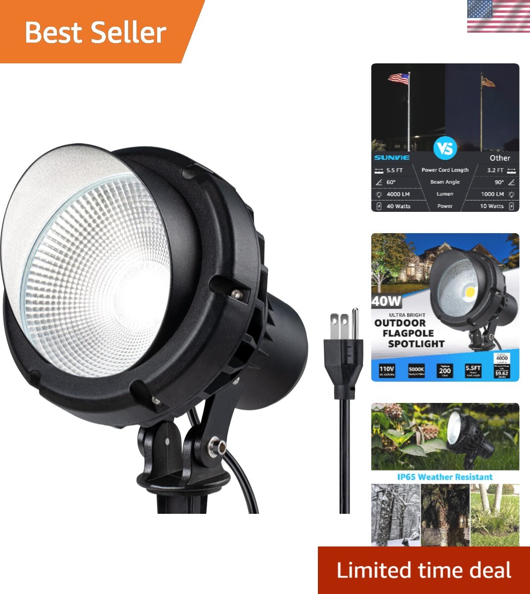 LED 40W 5000K Daylight White Plug in Flag Pole Light 120V Ultra Bright Outdoo... gallery
