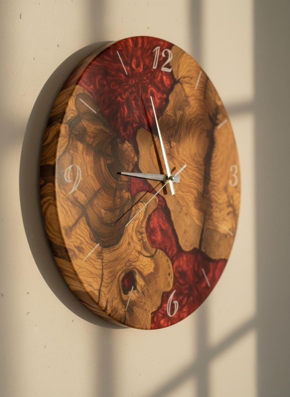 Handcrafted Wood Wall Clock Unique Rustic Decor Red Epoxy Designer hanging decor gallery