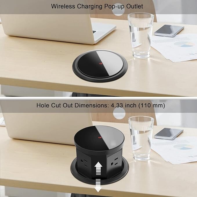 Automatic Pop Up Outlet, 4.33 inch with 15W Wireless Charger 3 AC Plug USB gallery