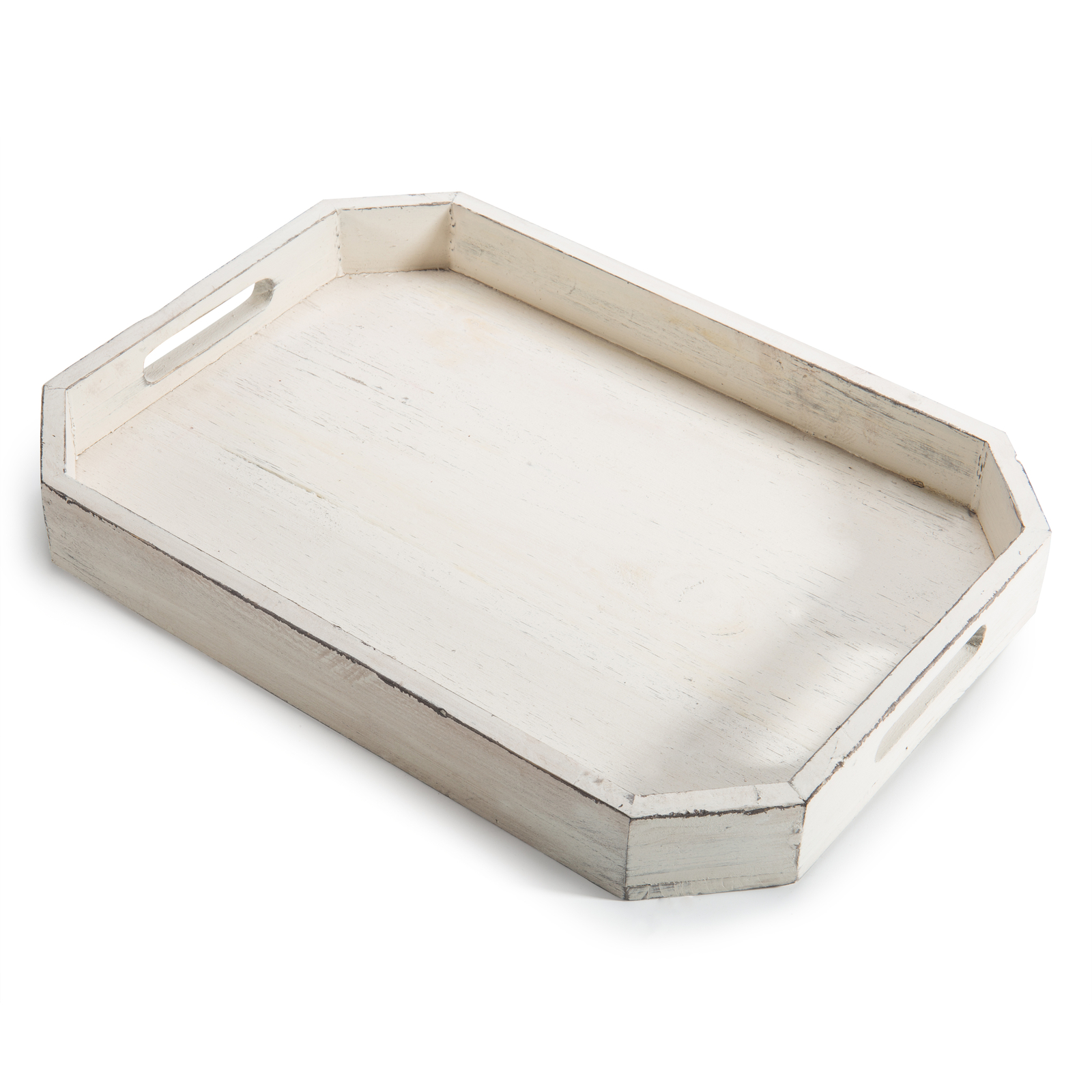 MyGift Rustic Whitewashed Wood Serving Tray with Cut-out Handles and Angled Edge gallery