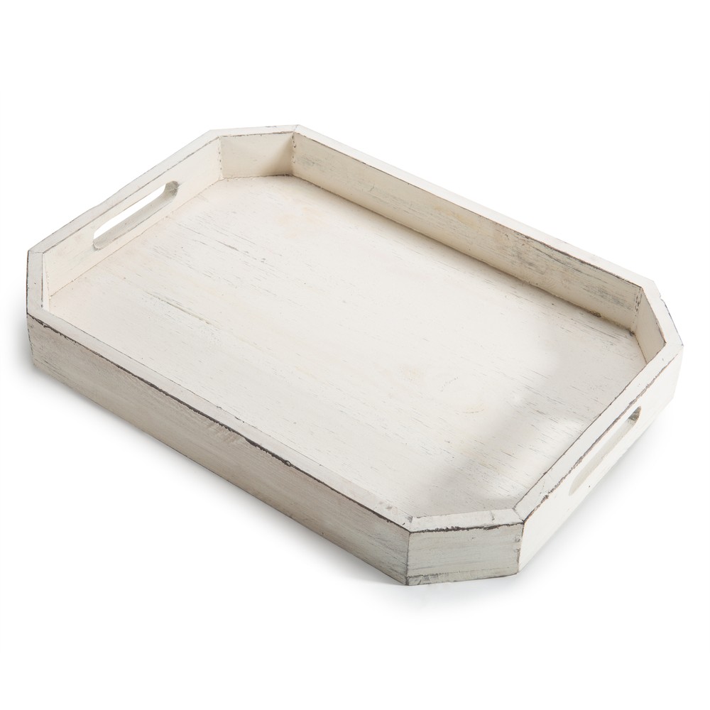 MyGift Rustic Whitewashed Wood Serving Tray with Cut-out Handles and Angled Edge
