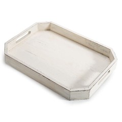 MyGift Rustic Whitewashed Wood Serving Tray with Cut-out Handles and Angled Edge
