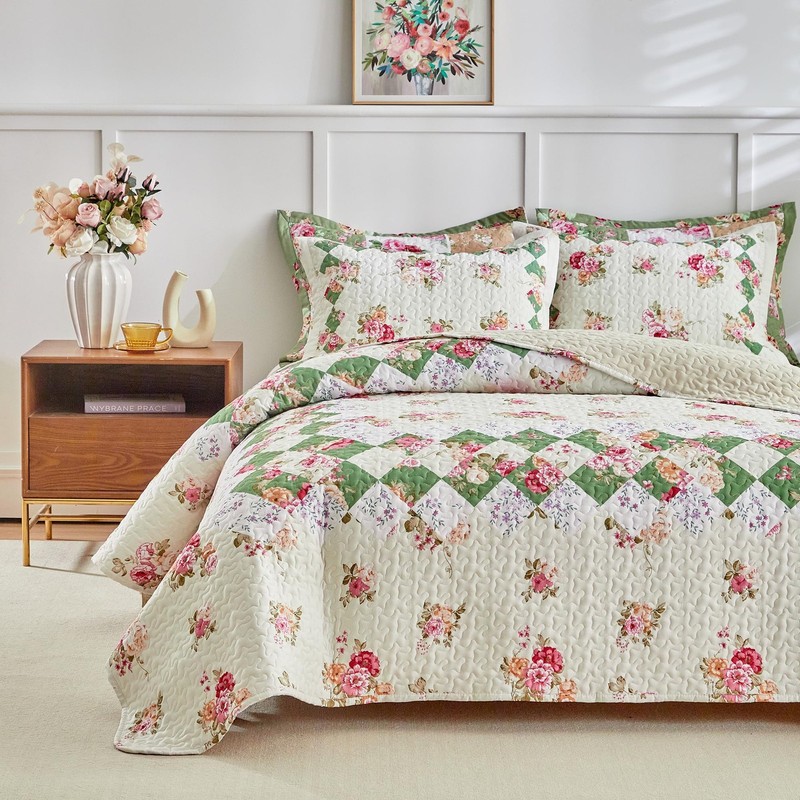 Patchwork Quilt Set King Size,3 Pieces Pink Cream Green Floral Plaid Reversib... gallery