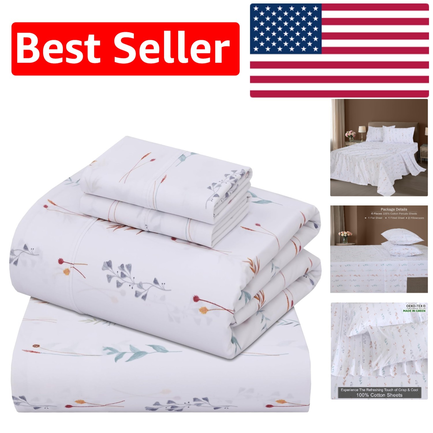 Queen Size 100% Cotton Percale Sheets Set - Cooling, Breathable Floral Design gallery
