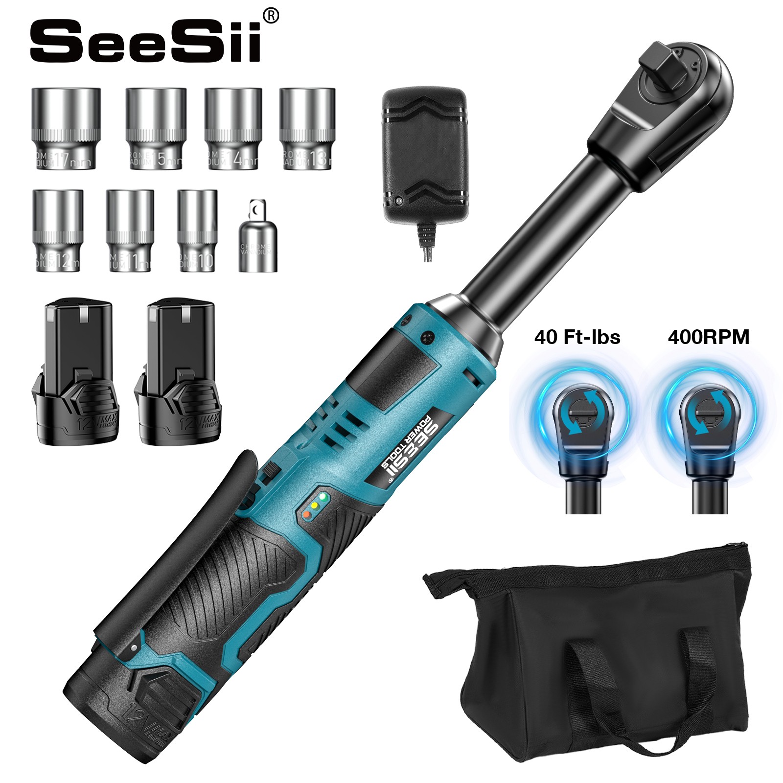 Seesii Extended Cordless Electric Ratchet Wrench 3/8", 40 Ft-lbs Torque, 6" Neck gallery