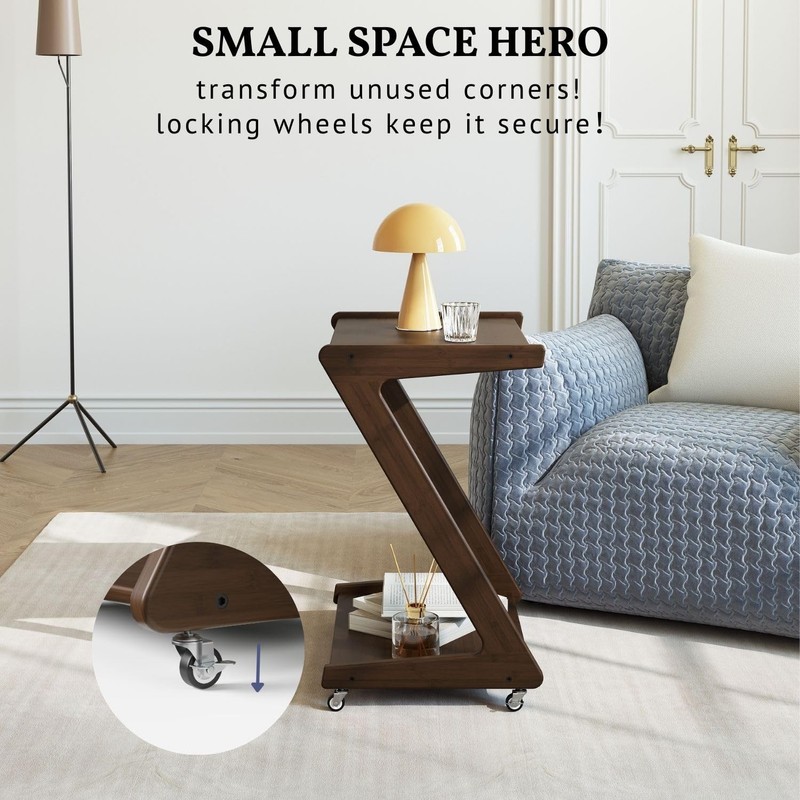 Solid Wood Rolling End Table with Lockable Wheels, Bamboo Couch Side Table Th... gallery