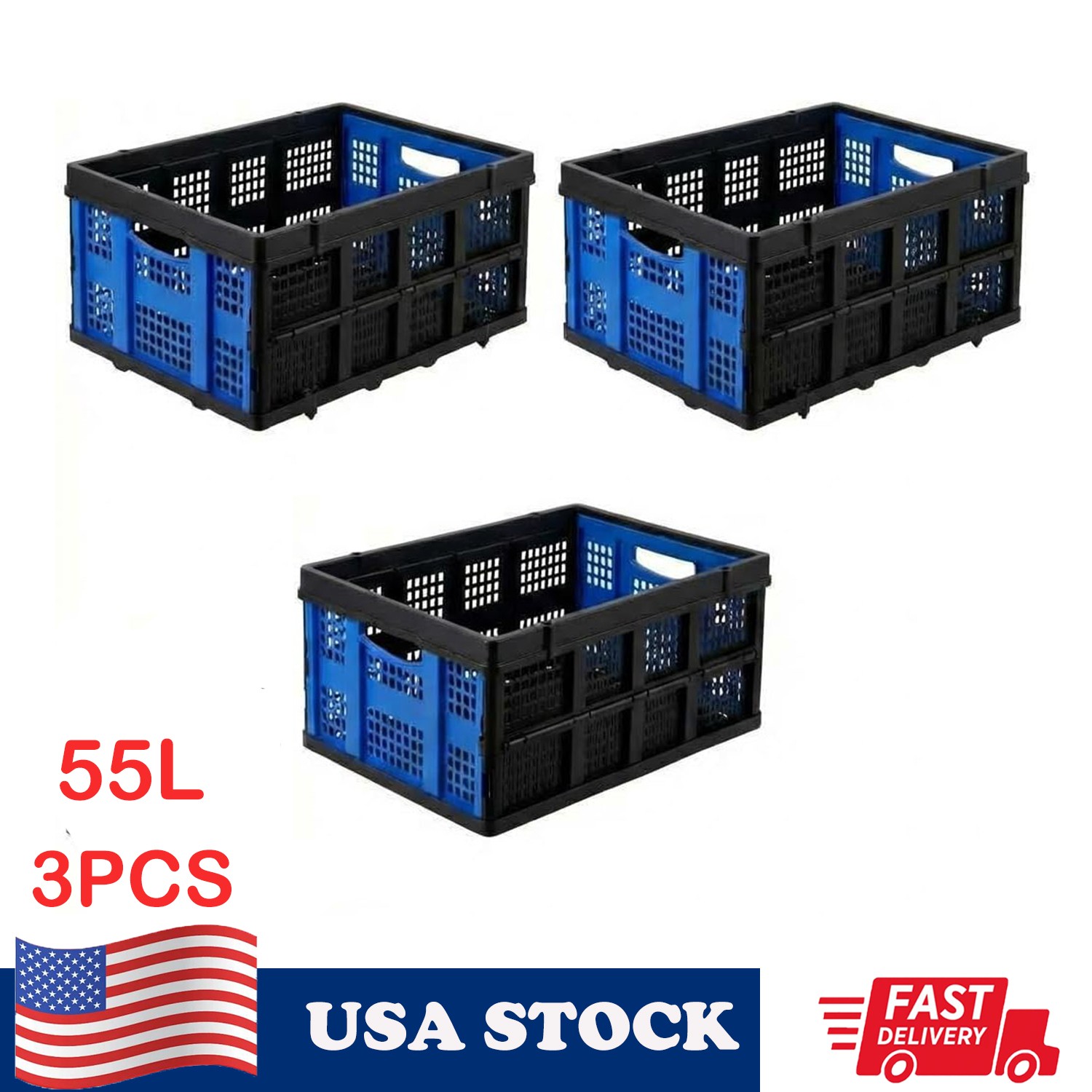 3pcs Collapsible Milk Crates 55LBS Folding Stackable Plastic Storage Bins gallery