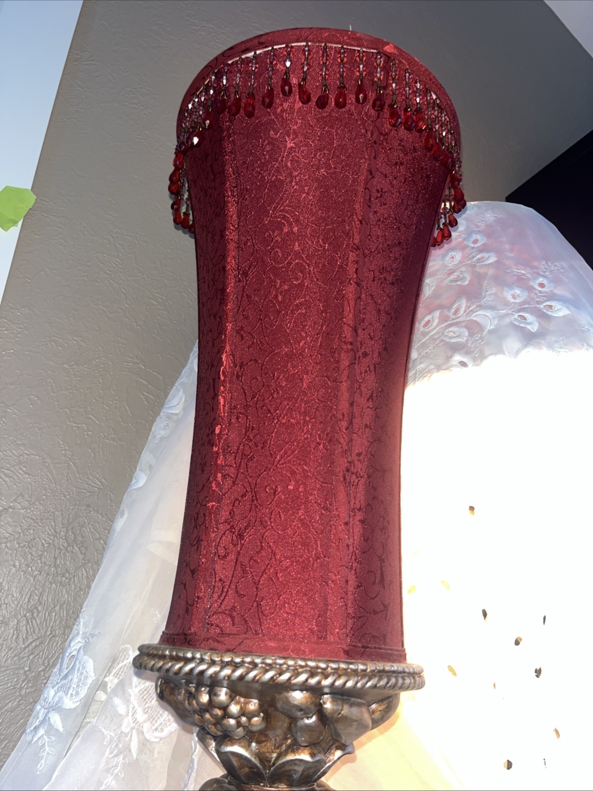 26” Bronze Plaster Base Table Lamp Light Maroon Fluted Beaded 10” Diameter Shade gallery
