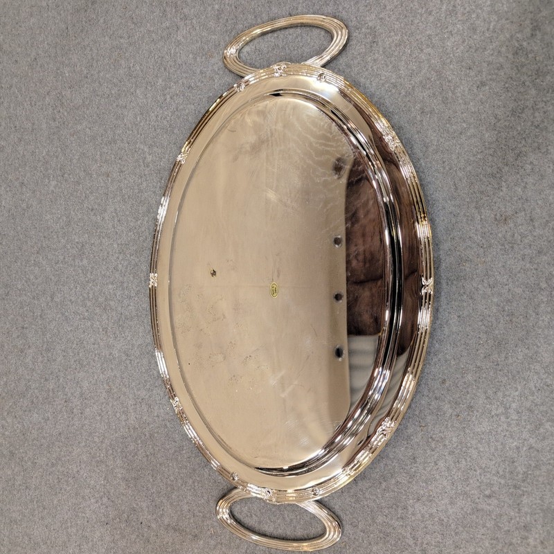 Silver Tone Oval Serving Tray with Decorative Handles Polished Mirror Finish gallery