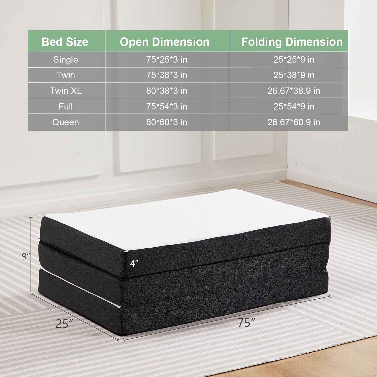 Tri-Fold Folding Mattress 4 inch Memory Foam Mattress Topper with Washable Cover gallery