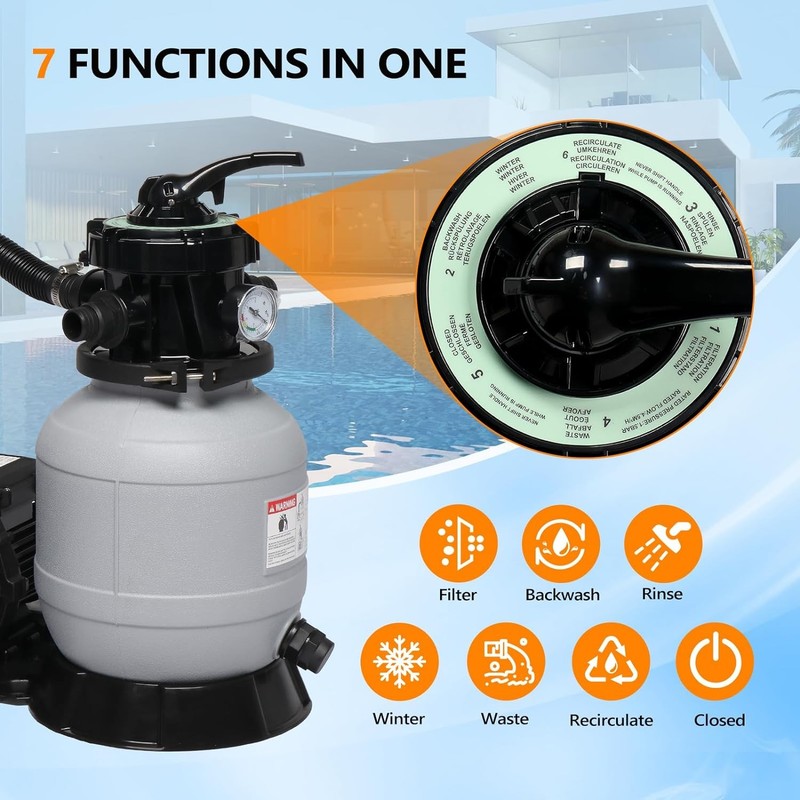 Above Ground Pool Sand Filter Pump Combo – 1/3HP, 2087GPH Flow, 24H Auto Timer gallery