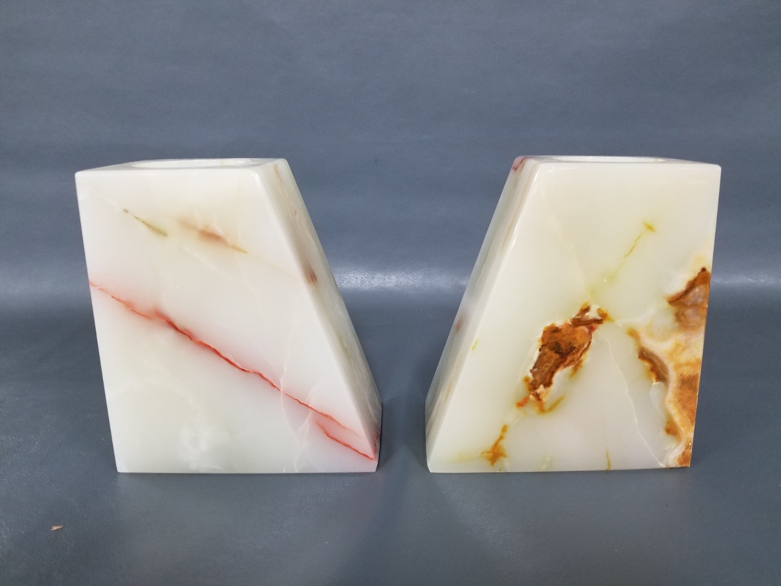 VTG 5" Tall Solid Onyx Red / Gold / Tan Veined Candleholder Bookends - Slanted gallery