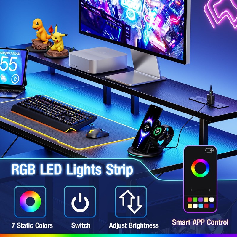 48" Computer Gaming Desk w/ LED Light Power Outlet Monitor Stand Headphone Hook gallery