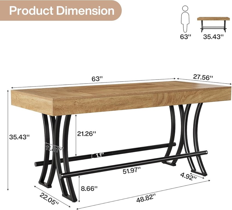 63" Counter Height Dining Table with Footrest, Rectangular Kitchen Bar Pub Table gallery