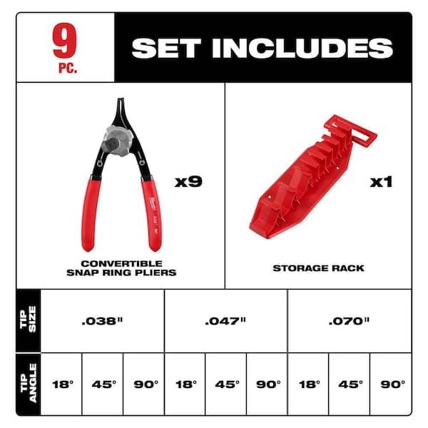 Milwaukee 9pc Convertible Snap Ring Pliers Set Storage Rack Black Oxide gallery
