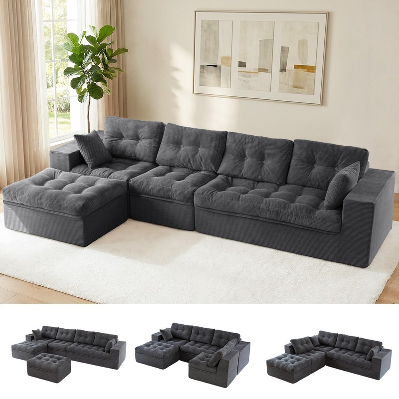 MAXYOYO Oversize L/U-Shaped Modular Sofa, Corduroy Boneless Couch With Ottoman gallery