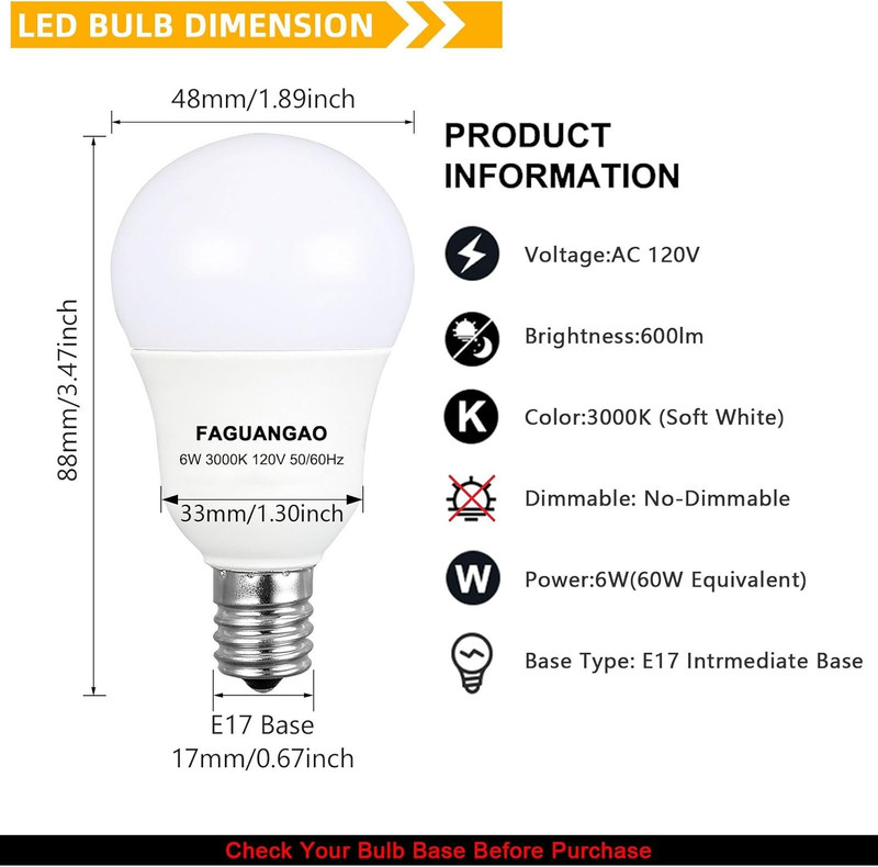E17 Intermediate Base LED G14 Bulbs, 6W 60W Equivalent, 3000K Soft White, 600Lm, gallery