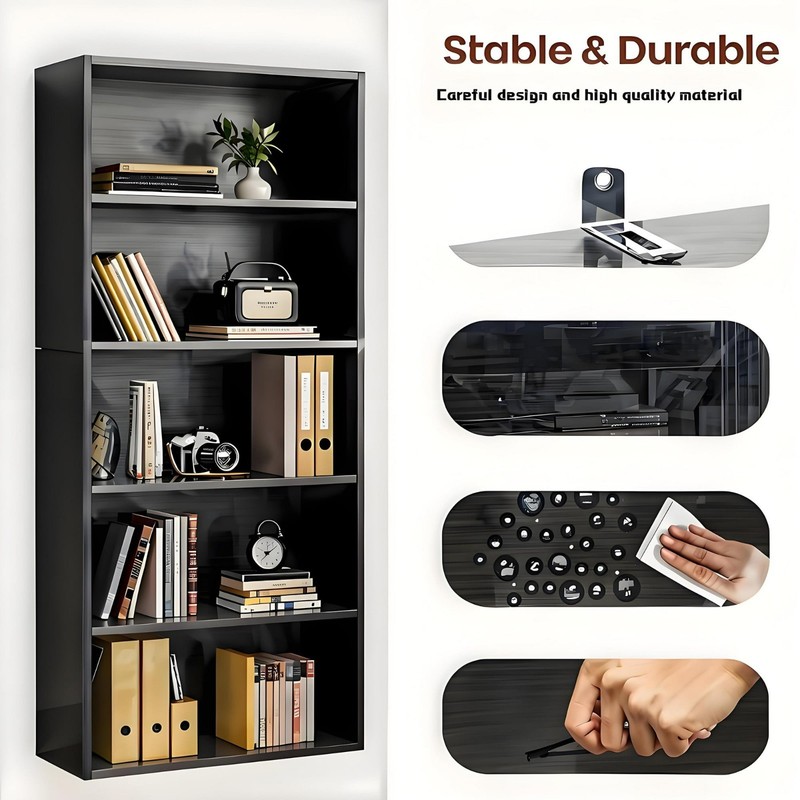 CONCETTA 5 Shelf Bookcase 53" Tall Open Bookshelf Black Free Ship gallery
