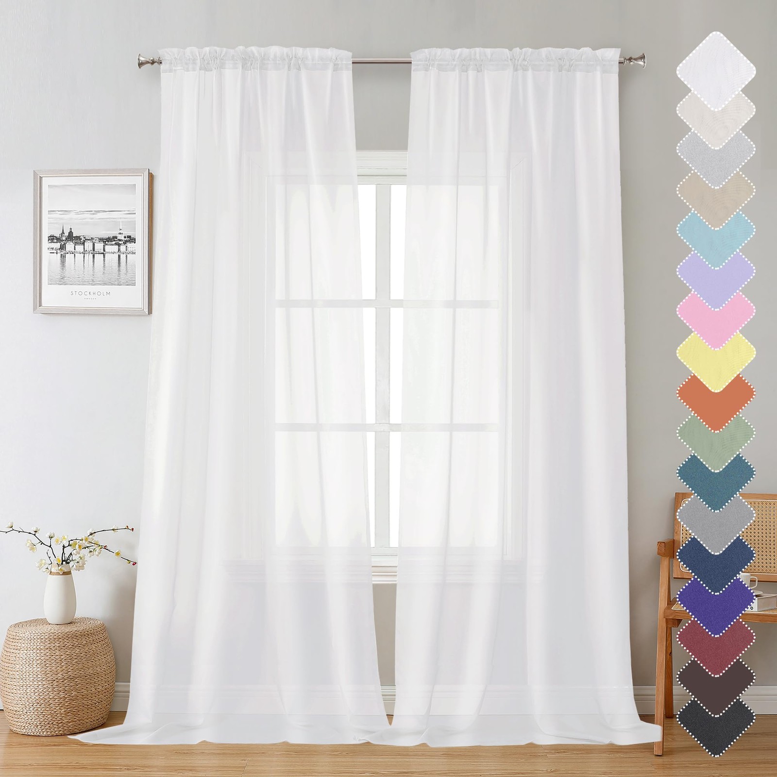 Lecloud Sheer Curtain Panels Set 96" Inches 40"W x 96"L (Pack of 2), White gallery