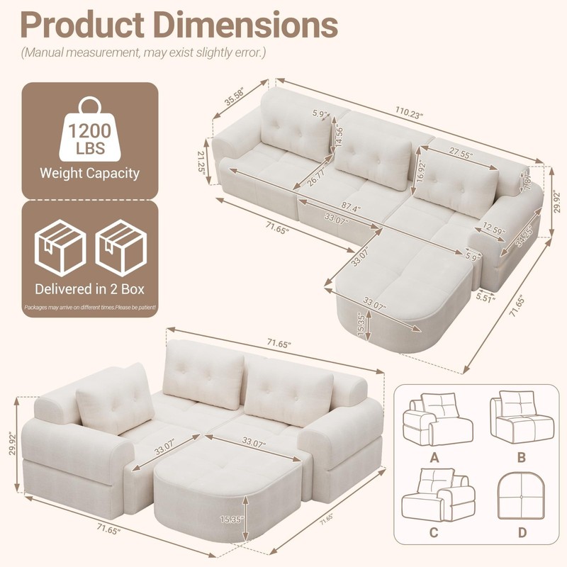 112" Modular Sectional Sofa Couch with Chaise L-Shaped Tufted Cloud Couch, Beige gallery