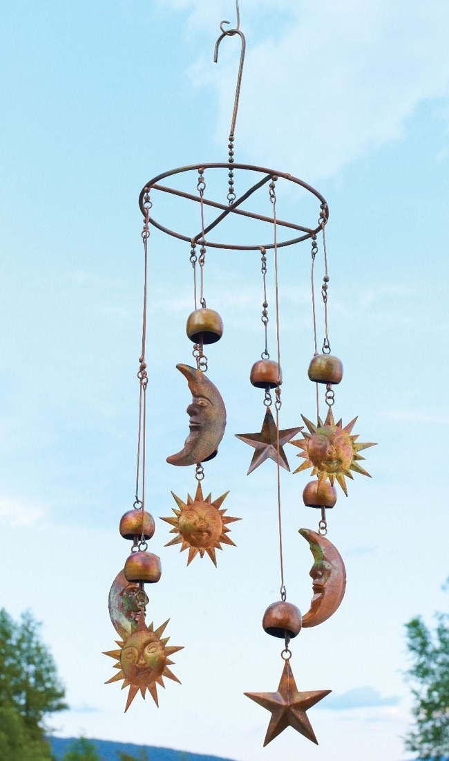 Sun Moon Stars Celestial Hanging Mobile Metal Wind Catcher Chime Copper Patina gallery
