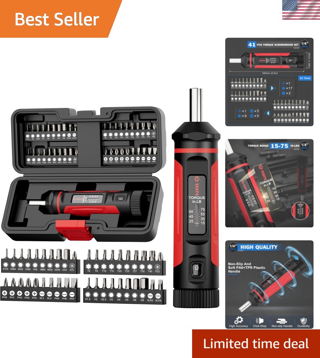 Torque Screwdriver, 15-75In-lb Torque Screw Driver Wrench Driver Set, 1/4'' D... gallery