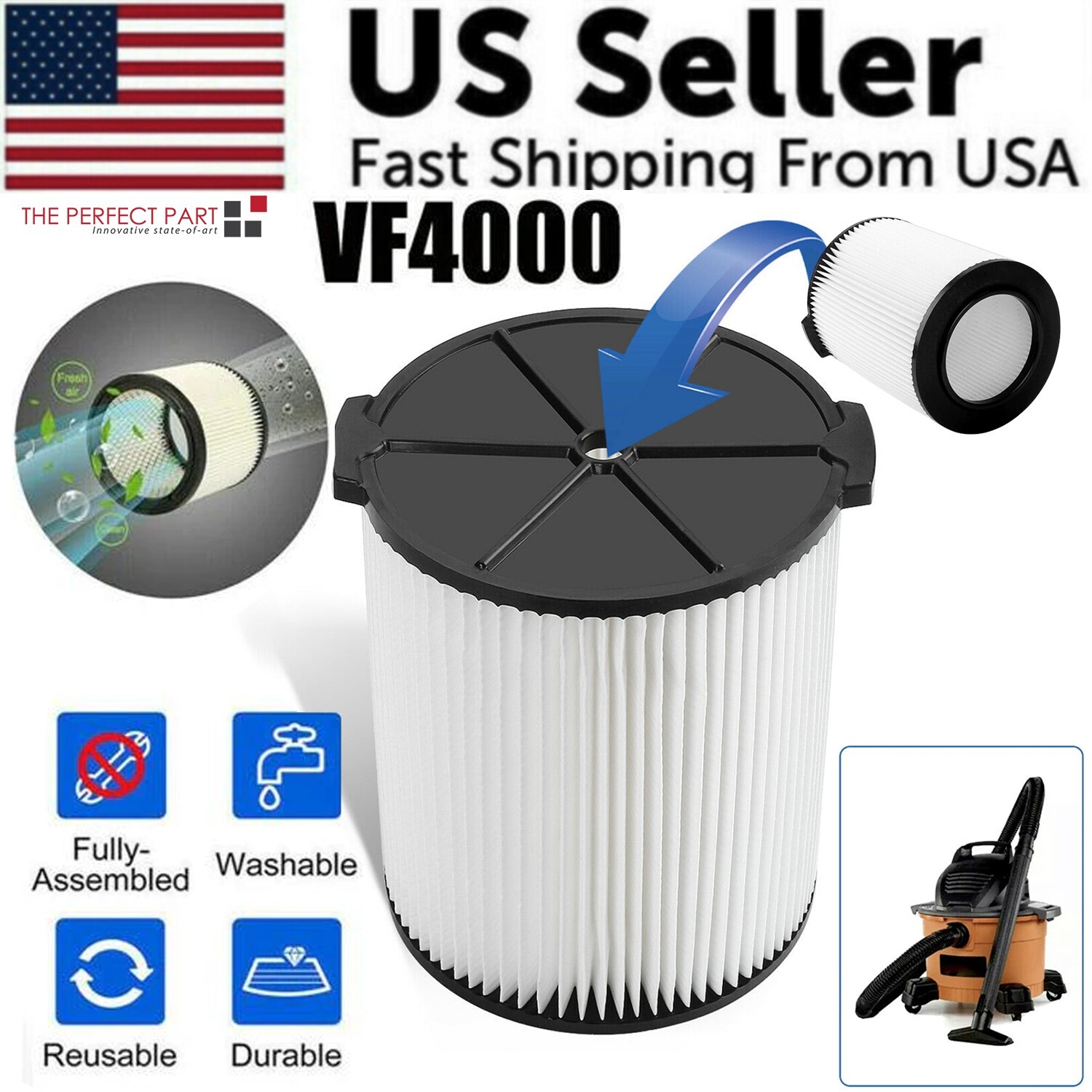 VF4000 Replacement RIDGID Wet/Dry Washable Vacuum Garage Shop Vac Pleated Filter gallery
