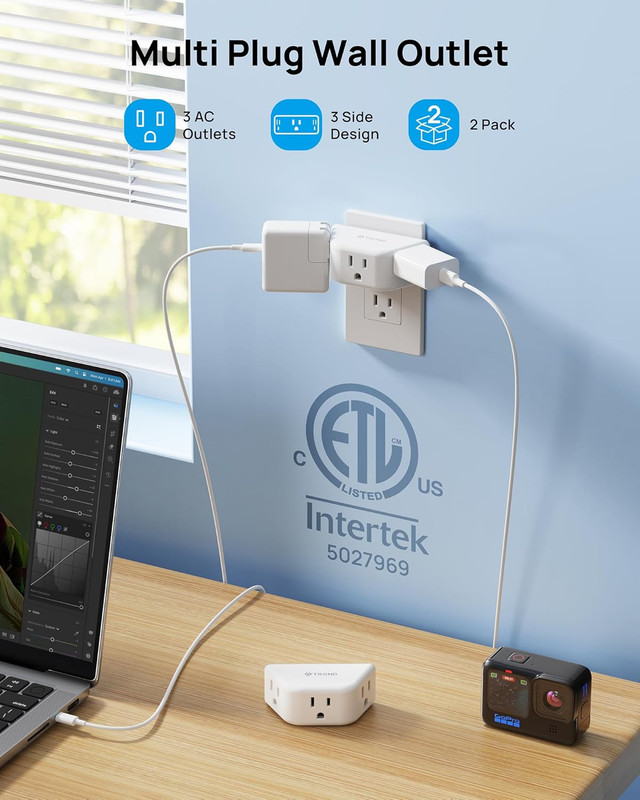 Multi Plug Outlet Extender 2 Pack - Electrical Wall Splitter, 3 Way Angled Wall gallery