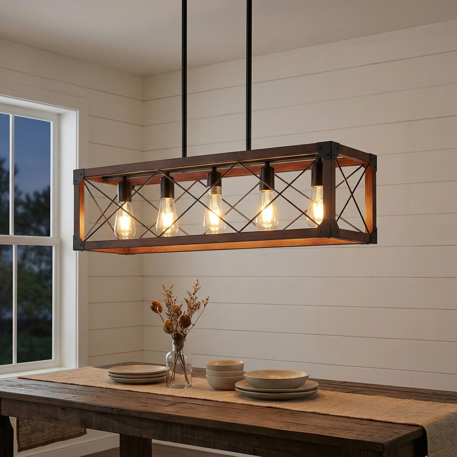 31'' Pendant 5 Light Rustic Farmhouse Chandelier Living Room Wood Linear Fixture gallery