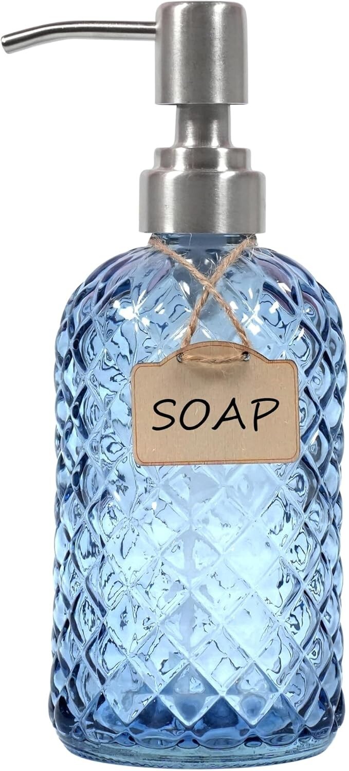 Glass Soap Dispenser for Bathroom & Kitchen - 304 Stainless Steel Pump, Blue gallery
