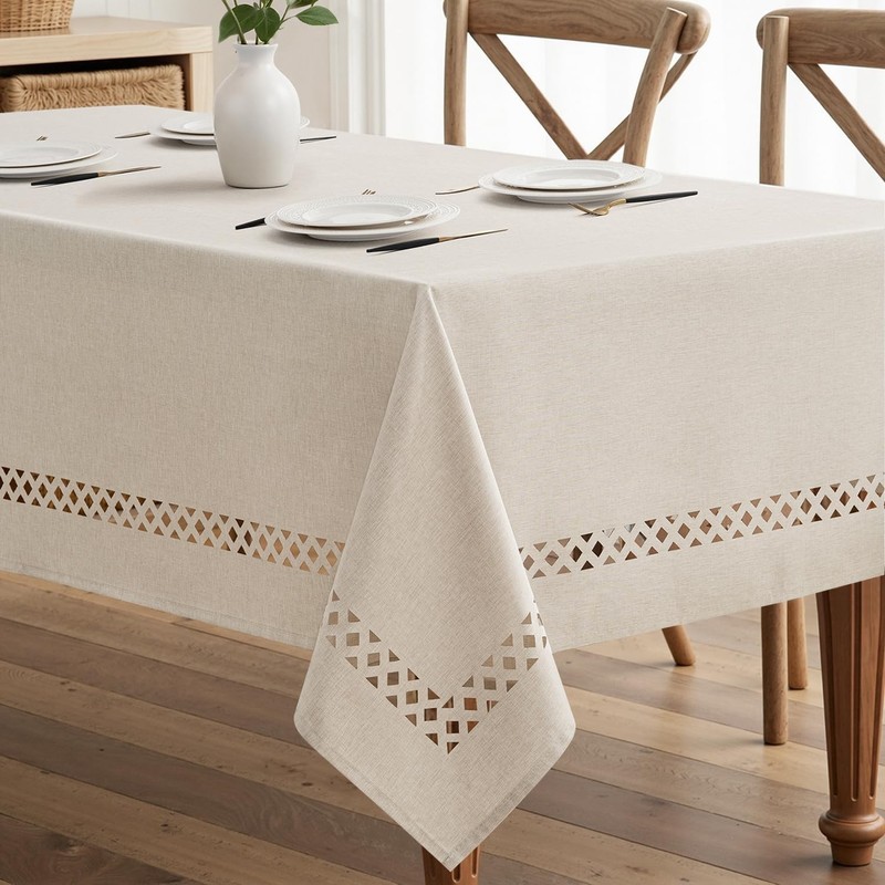 Beige Rectangle Linen Polyester Tablecloth with Decorative Cutouts Spring Wat... gallery