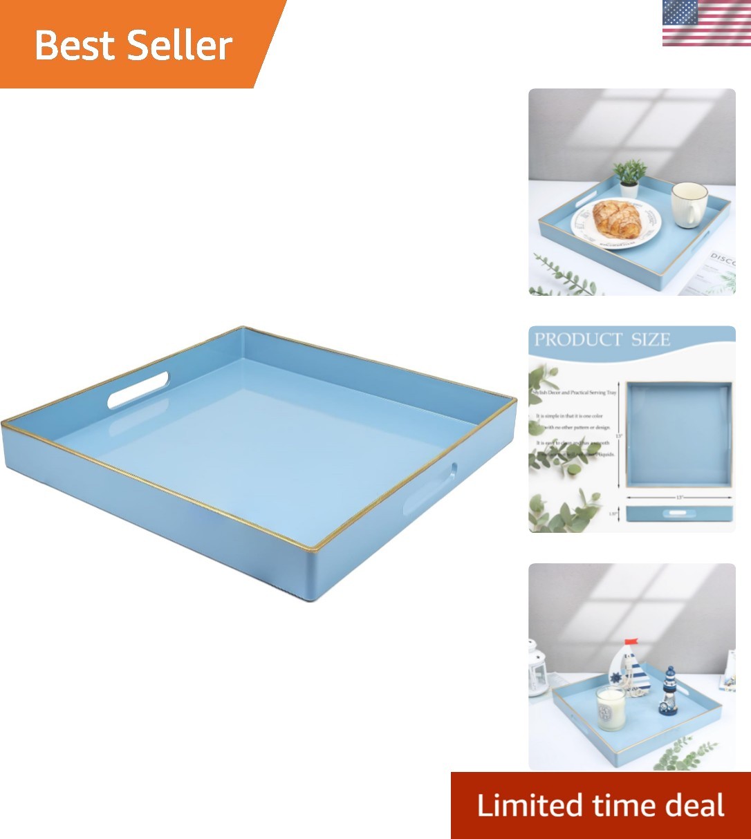 Light Blue Decorative Tray for Living Room, Square Modern Plastic Coffee Serv... gallery
