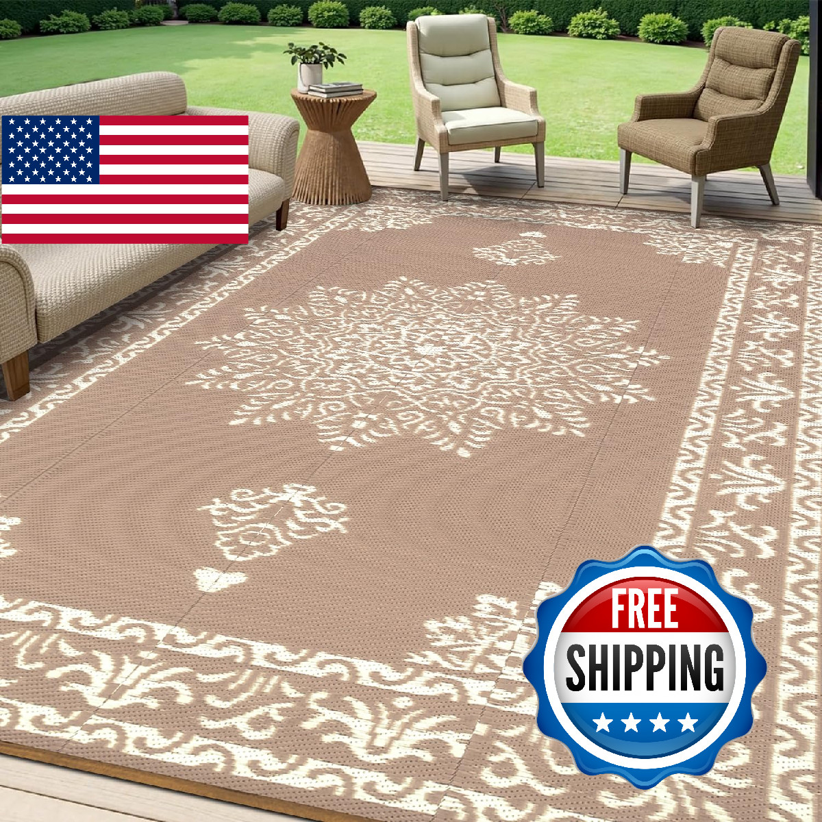Yamaziot Outdoor Rug 8x10 Ft, Waterproof Plastic, Reversible Patio, Boho Design gallery