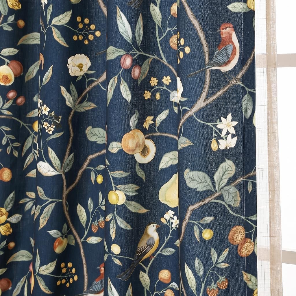 Linen Blue Curtains 94 Inches Long 2-Piece Set,Semi-Blackout Floral Drapes with gallery