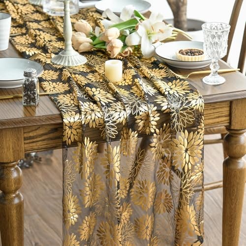 Dahlia Flower Gauze Table Runner 120 Inch 10FT, Glitter 28" x 120" Black Gold gallery