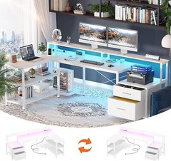 73″ L Shaped Computer Desk with Fabric File Drawer & Monitor Stand ＆ LED ＆Outlet