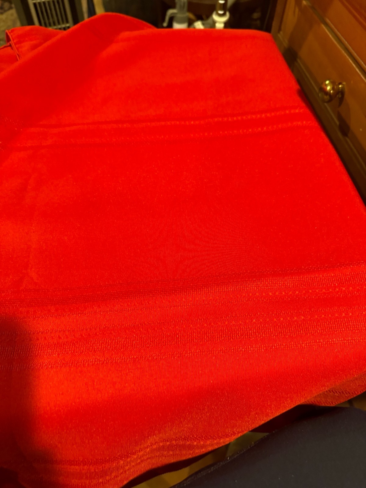 RED Tablecloth POLY/COTTON BLEND RIBBON STRIPES/DESIGNS 60" X 108" NO STAINS gallery