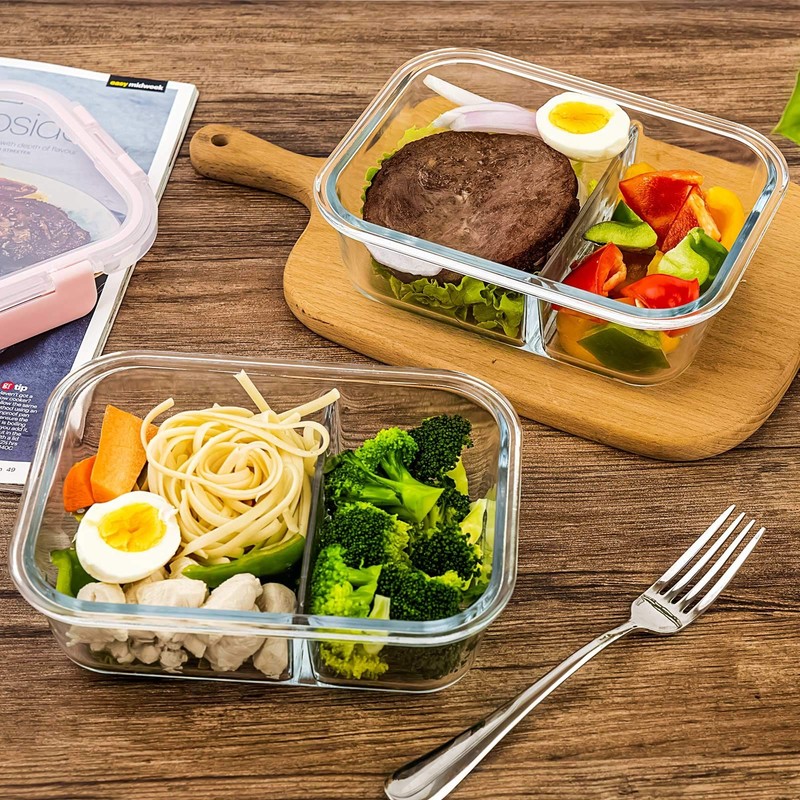 CREST Glass Meal Prep Containers 2 Compartment Set, 5-Pack, 34oz,Divided Bent... gallery