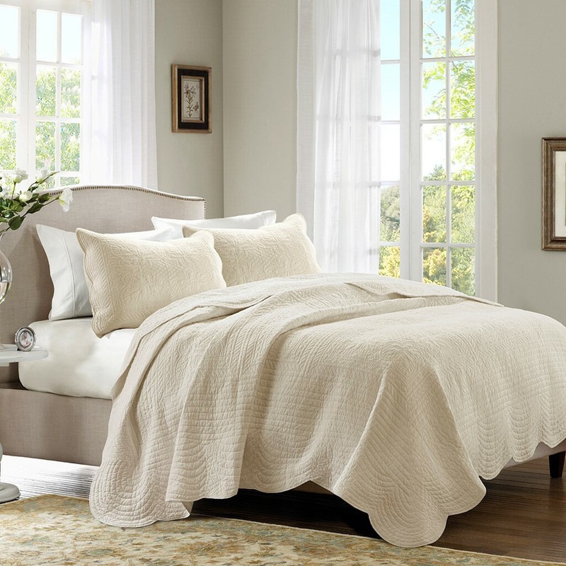 IVORY MATELASSE 3pc Full Queen COVERLET SET : FARMHOUSE COTTAGE QUILT CREAM TILE gallery