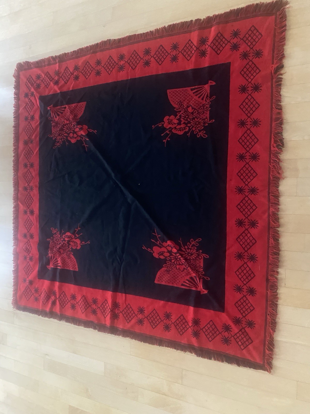 Black Red Floral Nature Pattern Rectangular Shawl with Fringe gallery
