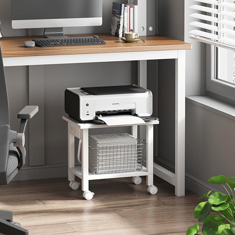 Mobile Printer Cart with Power Outlets & Locking Wheels - Modern White Design gallery