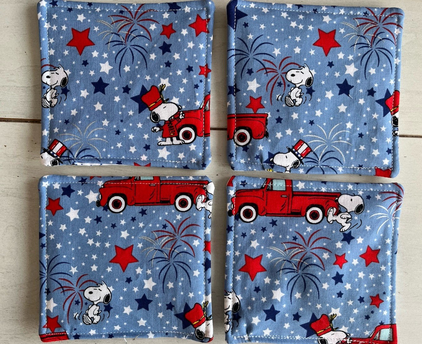 4 Patriotic Snoopy Coasters. Handmade Reversible Square. Stars Fireworks gallery
