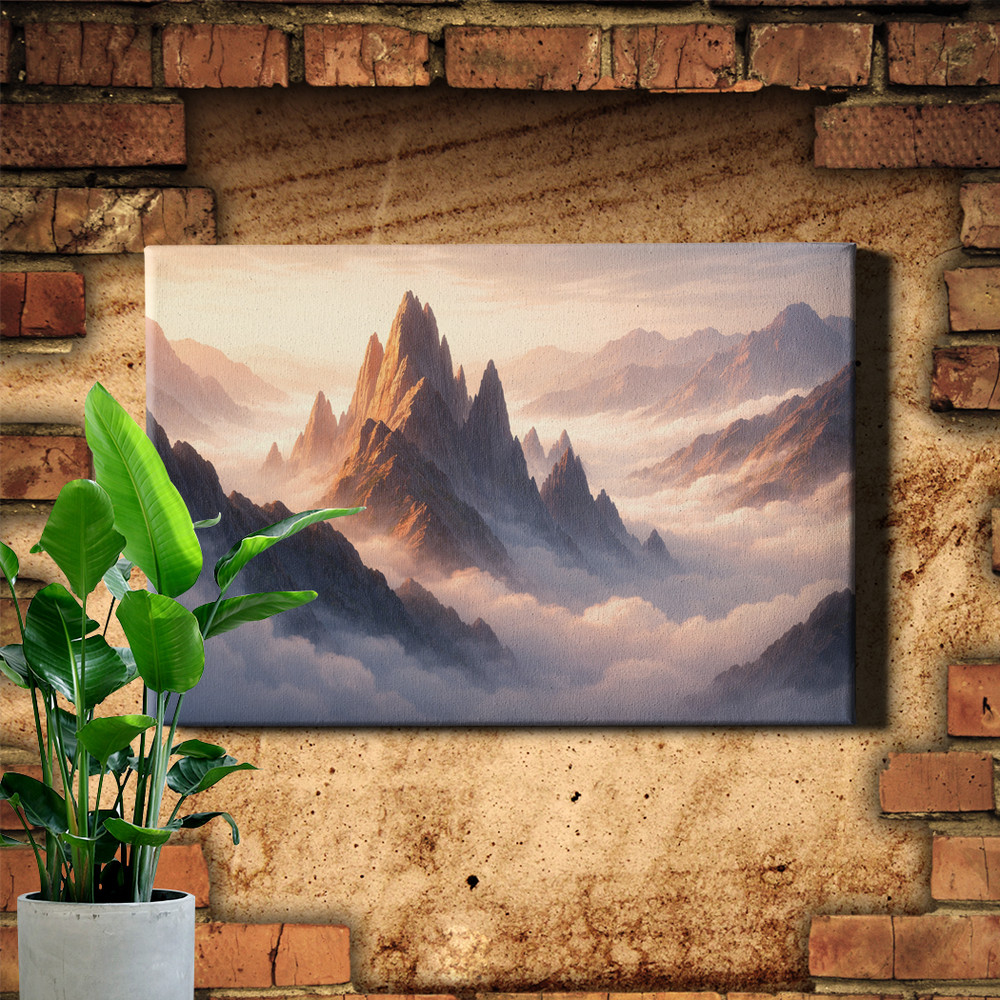Mountain Cloudscape Wall Art Sharp Layered Peaks Warm Golden Light