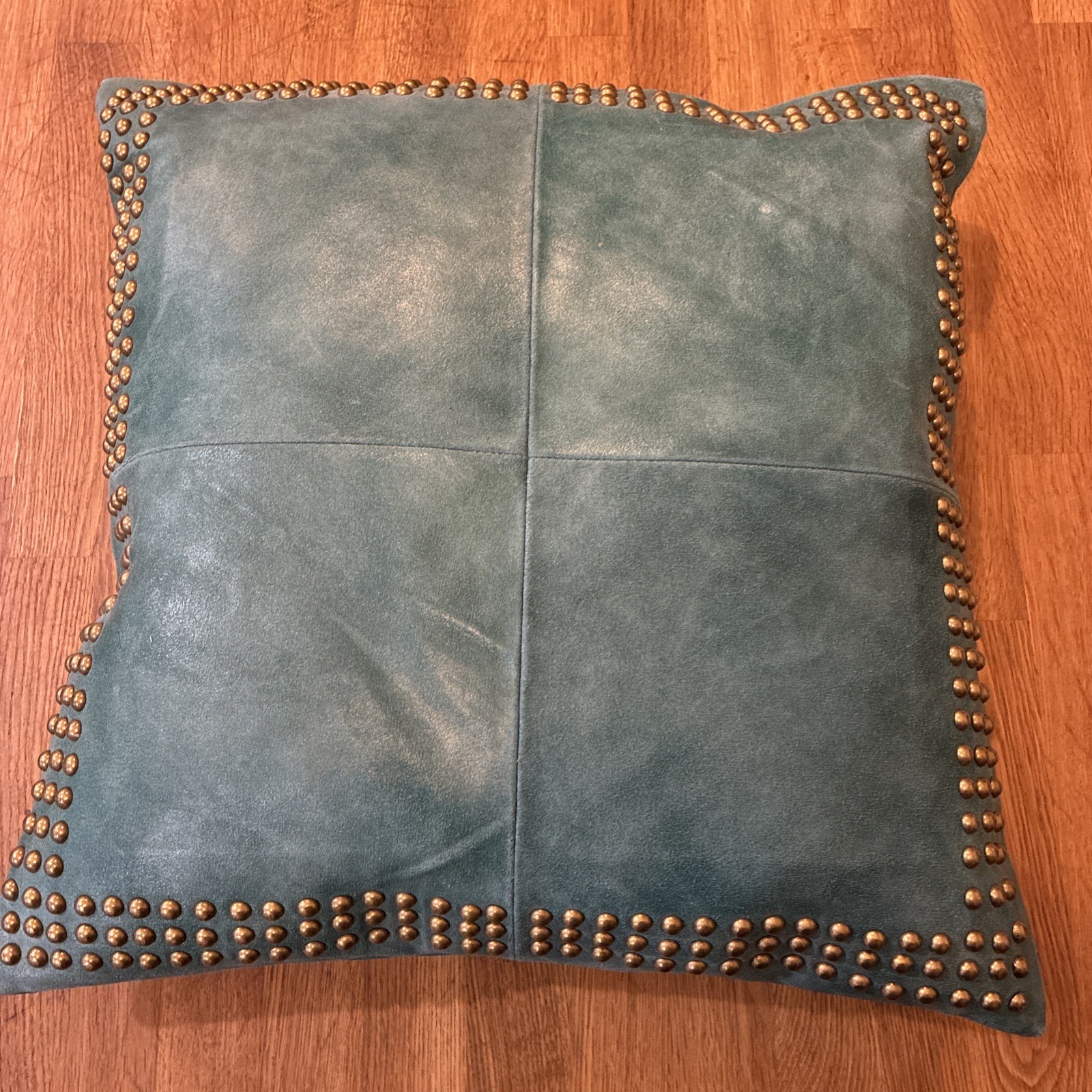 Ethan Allen Leather Turquoise Studded Brass Accents Pillow With Duck Down 20x20 gallery
