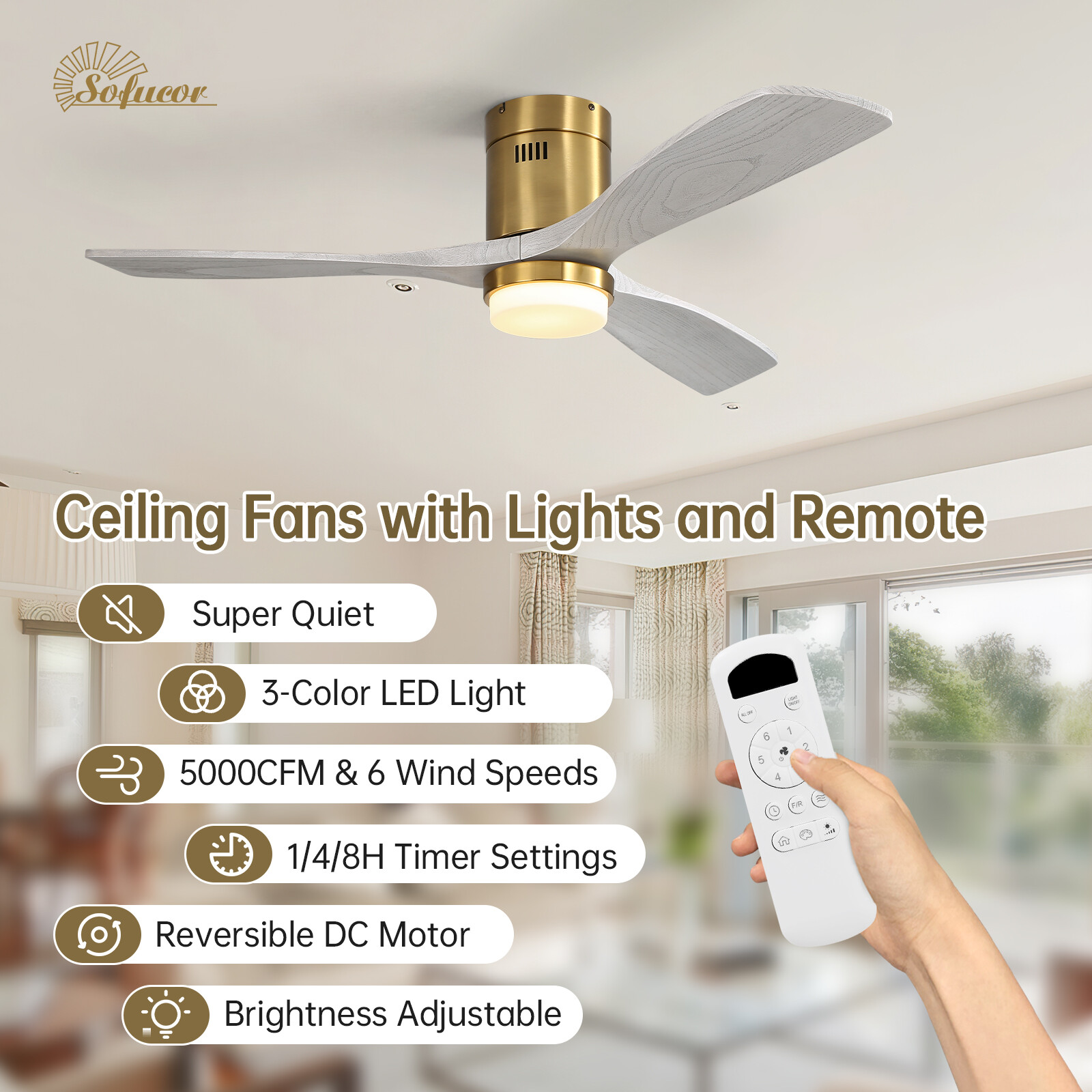 Golden 52in LED Ceiling Fan with Remote 6 Speed Noiseless Reversible DC Motor US gallery