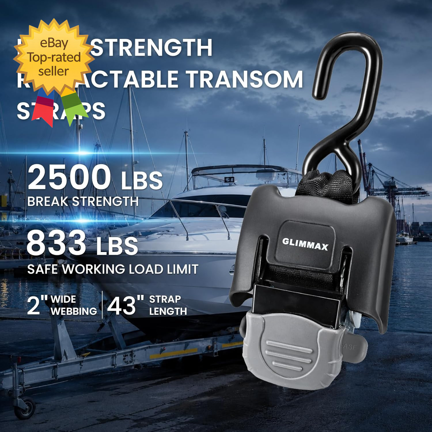 Retractable Boat Transom Tie down Straps 2X43 Inch 2500 Lbs Break Strength gallery