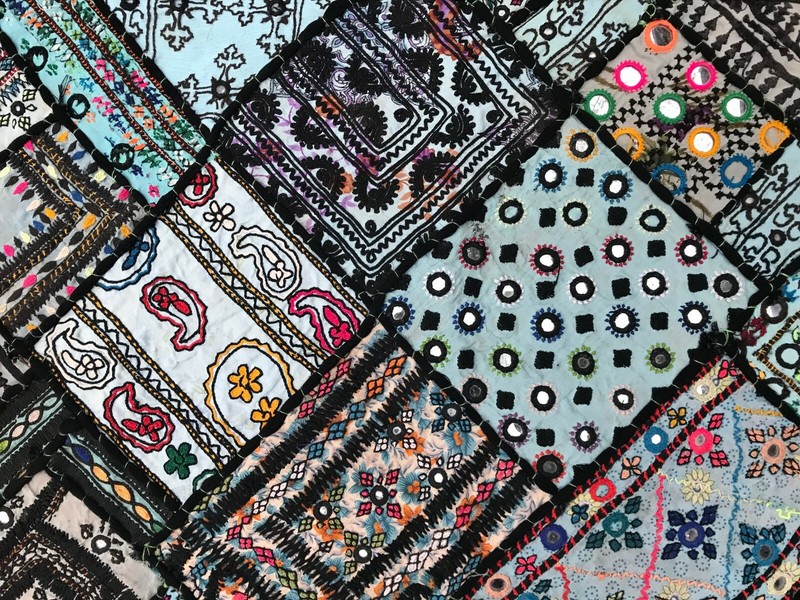 Blue patchwork mirror wall tapestry sindhi india pakistan 26"x54" gallery