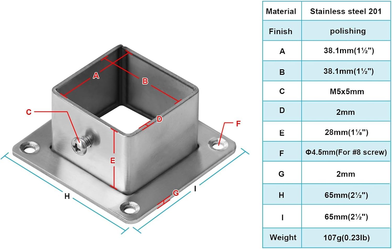 10 PCS 1-1/2" Square Post Flange Base, Stainless Steel Deck Rail Silver gallery