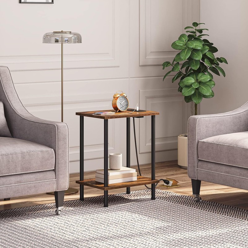 HOOBRO Side/End Table with Charging Station, USB Ports and Rustic Brown+black gallery
