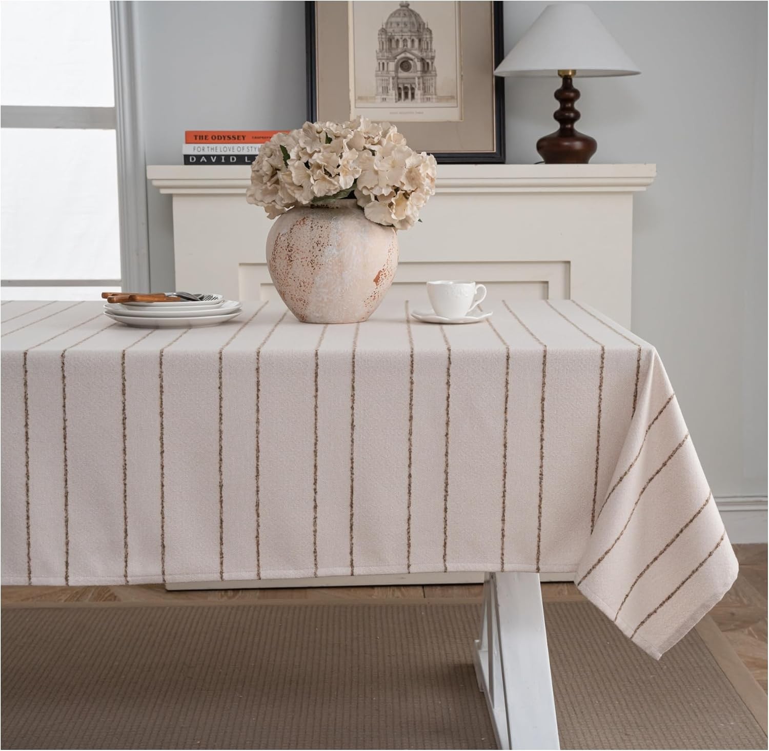 Beige Rectangle Tablecloth 55x70 Inch, Cotton Linen Polyester Blend Stripes gallery